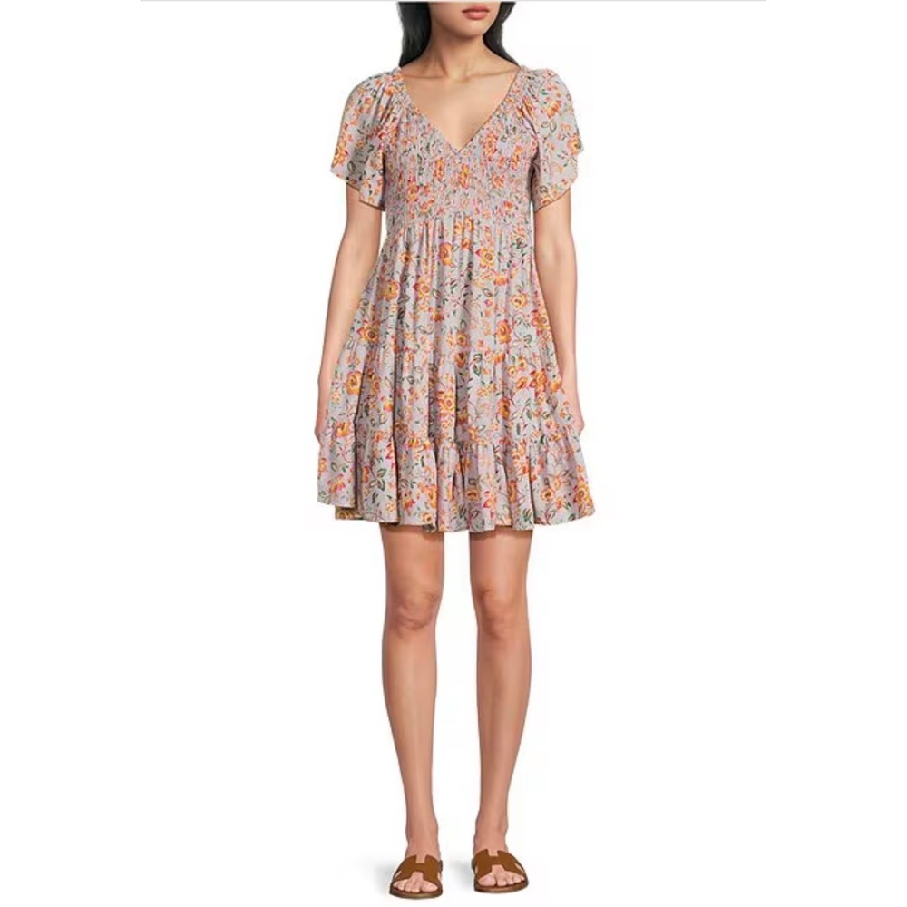 Angie Lavender Floral Smocked Mini Dress Size Small Flutter Sleeve